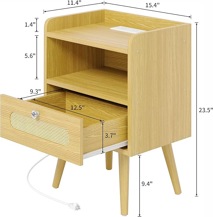 End Table with Charging Station, Nightstand with Diamond Handle and - Image 2