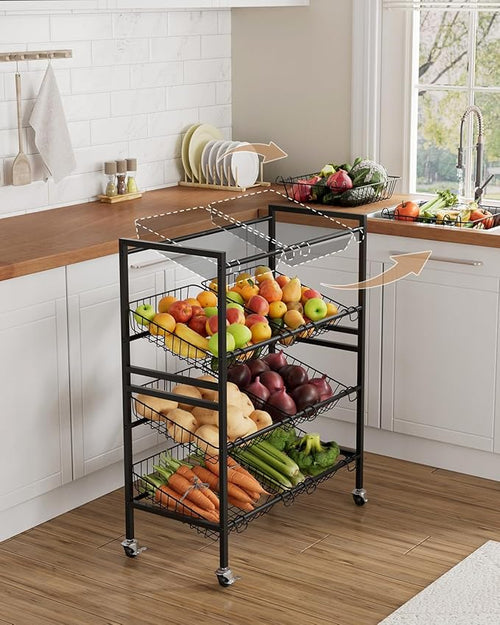 25.2''W Kitchen Storage Cart, Rolling Snack Cart, 4 Tier Fruit Basket Stand - Image 2