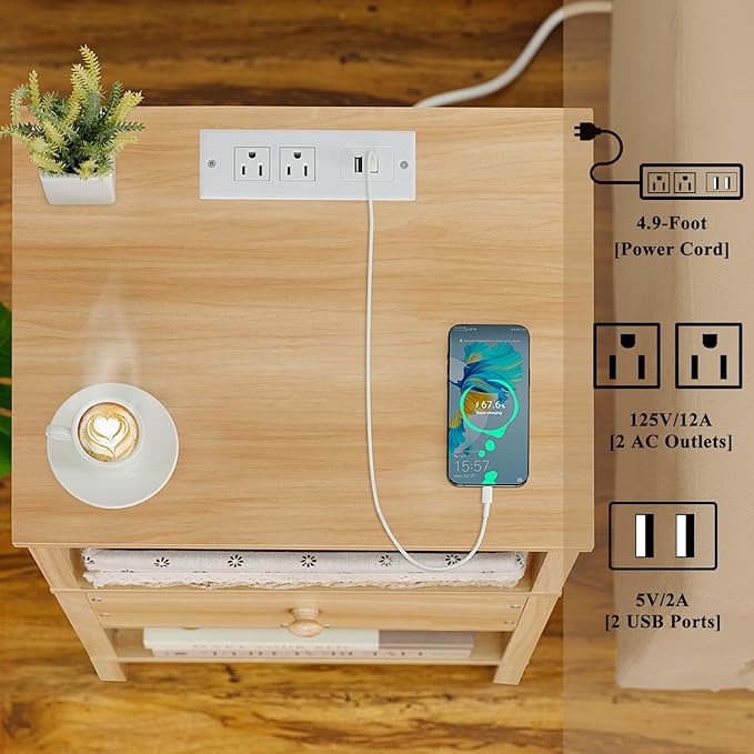 Lerliuo Nightstand with Charging Station and USB Ports, 3-Tier Storage End - Image 10