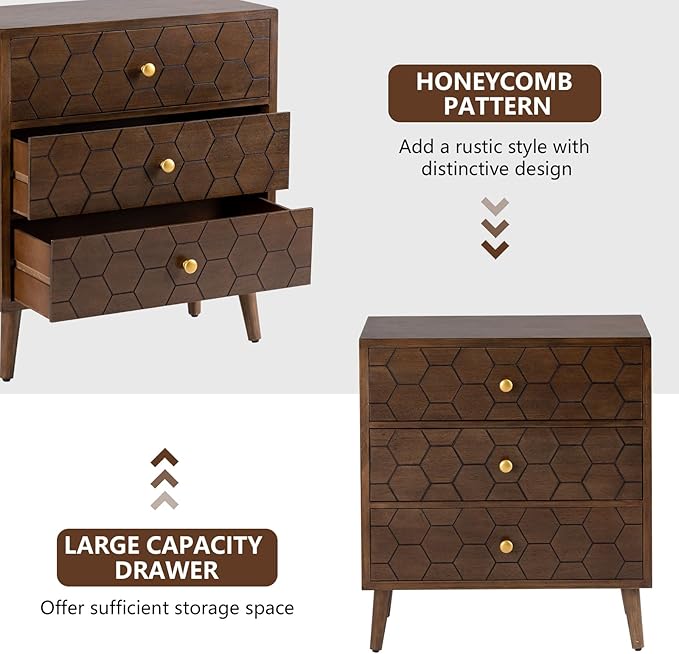 COSIEST Modern End Table w 3 Storage Drawers, Night Stand w Honeycomb Pattern - Image 4