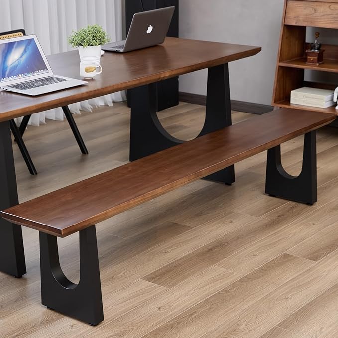 Walnut Color Long Bench Solid Wood Top Metal Legs U-Shaped Design Durable - Image 7