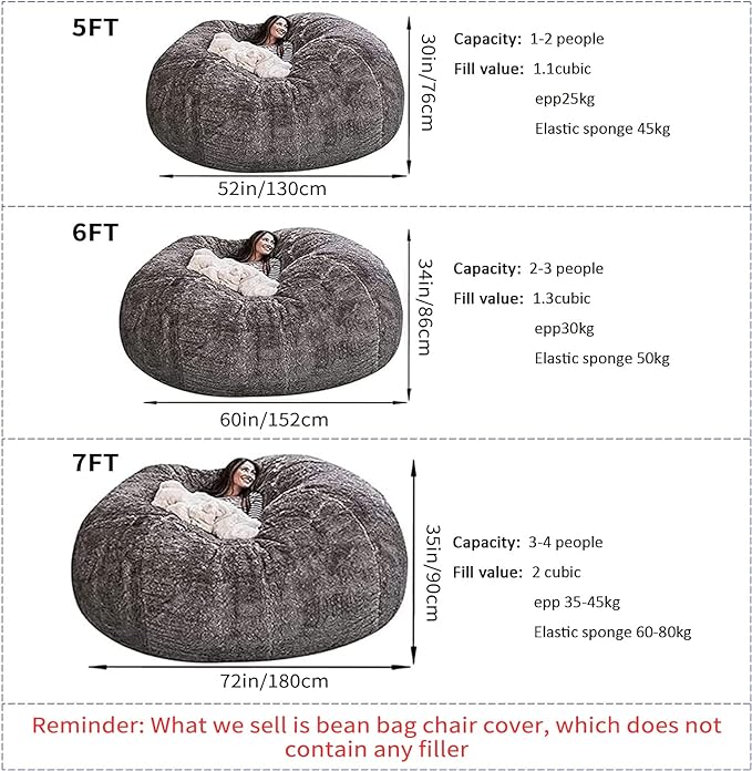 Giant Fur Bean Bag Chair Cover for Kids Adults, Living Room Furniture Big Round - Image 3