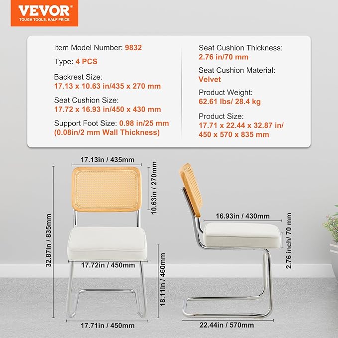 VEVOR Rattan Dining Chairs Set of 4, Mid Century Modern Dining Chair, - Image 3