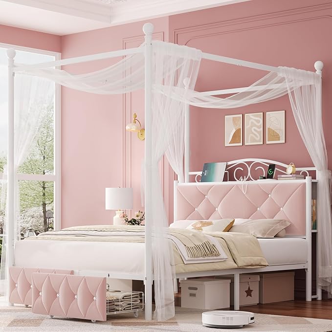Full Upholstered Canopy Bed Frame by KeyluvHome