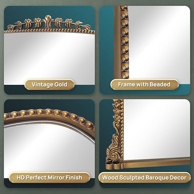 36"x23" Vintage Baroque Arched Wall Mirror, Ornate Antique Brass Wood Frame - Image 3