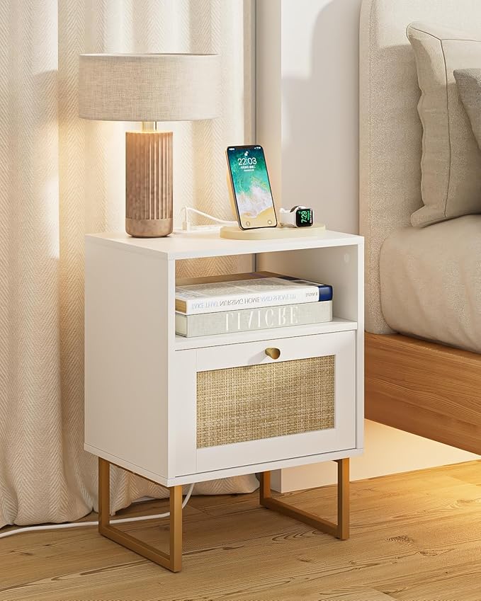 Rattan Nightstand with Charging Station, Boho Night Stand Farmhouse Wood by Unknown