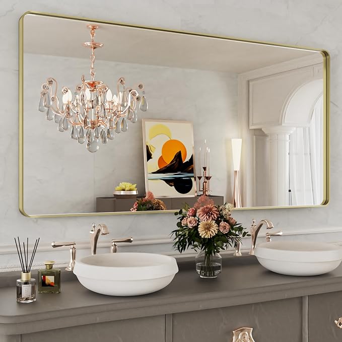 WEER Gold Bathroom Mirror, 60X36 Inch Brushed Gold Metal Frame Mirror, Rounded by WEER