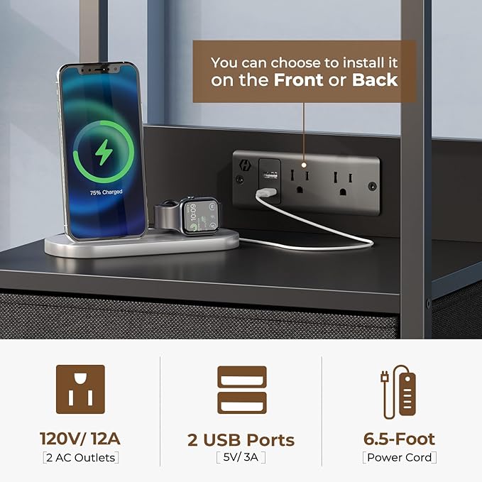 Seventable Nightstand with Charging Station and LED Light, Bedside End Table - Image 7