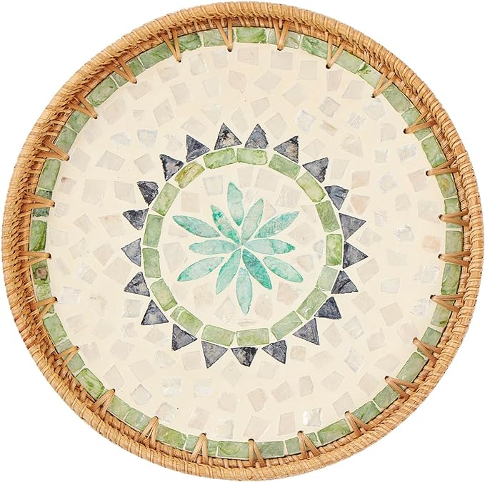 Round Rattan Tray with Mother of Pearl Inlay, Rattan Serving Tray with Wooden by Kmelep