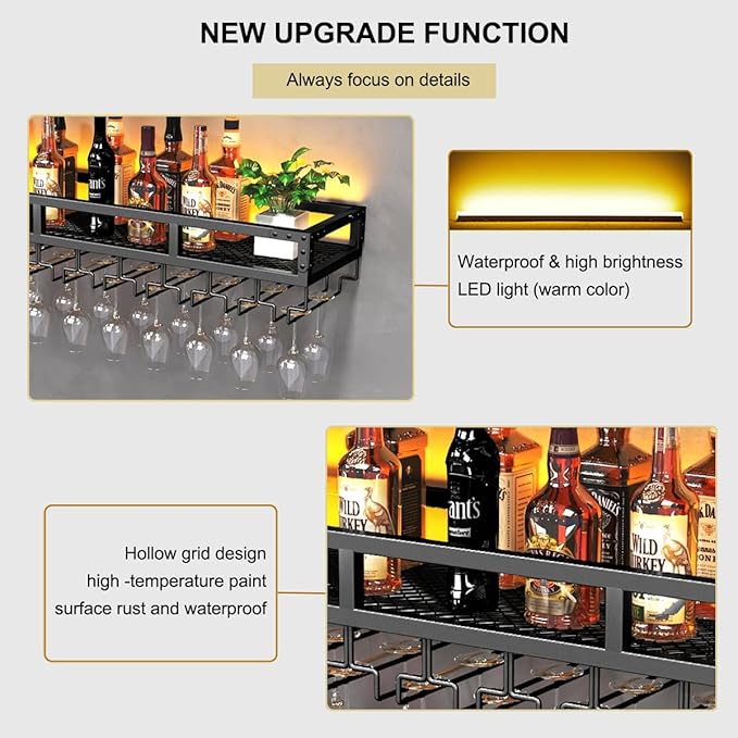 Pengfei LED Wine Rack Wall Mounted, Industrial Metal Wall Wine Shelf & Glass - Image 4