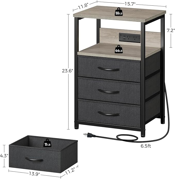 Seventable Nightstand with Charging Station and LED Light, Side Table with 3 - Image 3
