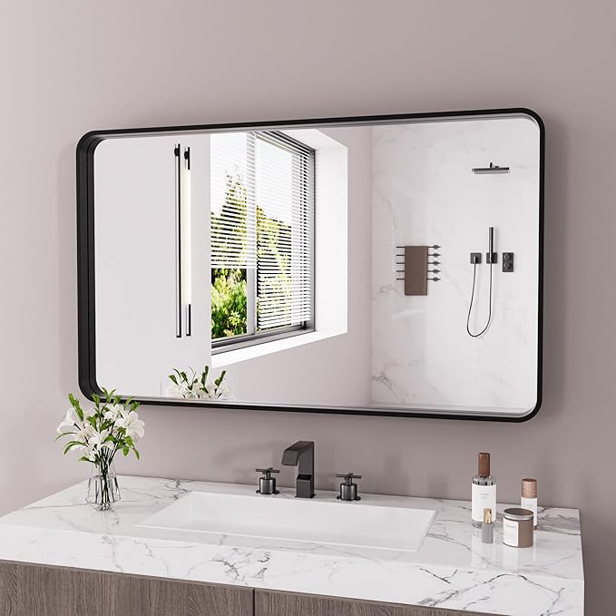 Black Bathroom Mirror 77X36 Inch, Rounded Rectangle Matte Bathroom Vanity Mirror - Image 2