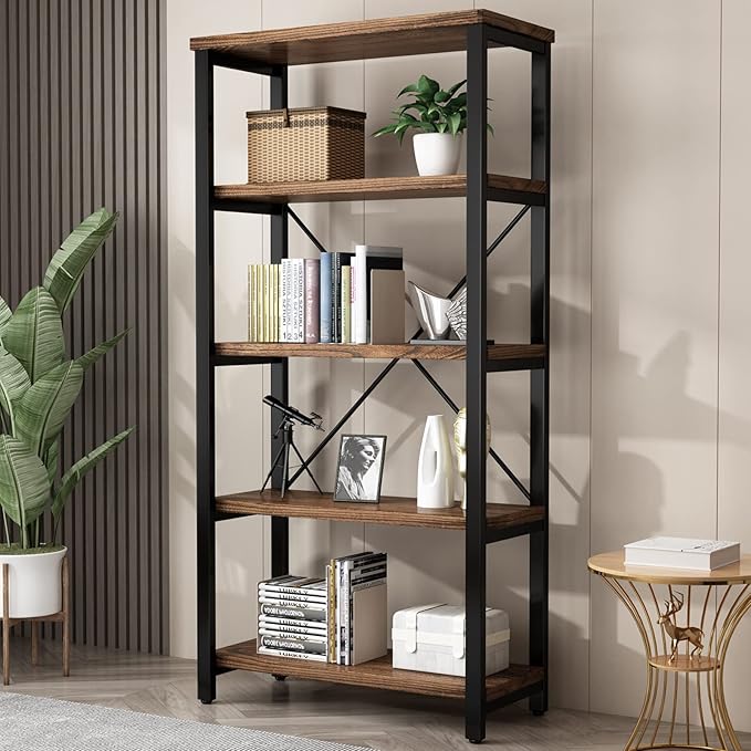 5 Tier Industrial Solid Wood Bookshelf, Open Etagere Bookcase by AY-AOYUAN