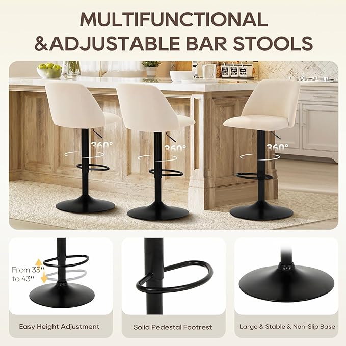 COLAMY Bar Stools Set of 1, Modern Swivel Bar Chairs, Adjustable Upholstered - Image 4