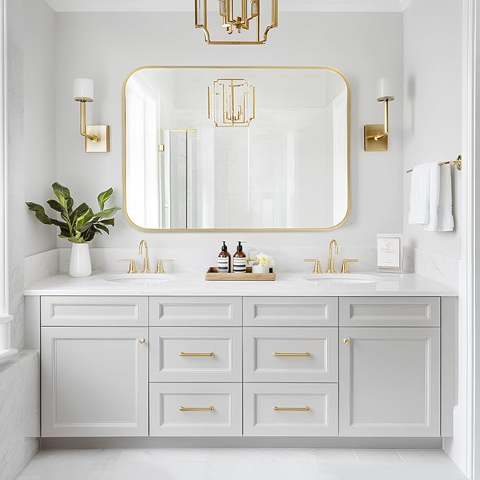 MZON 20x30 Inch Brushed Gold Vanity Mirror, Rectangle Bathroom Mirrors - Image 6