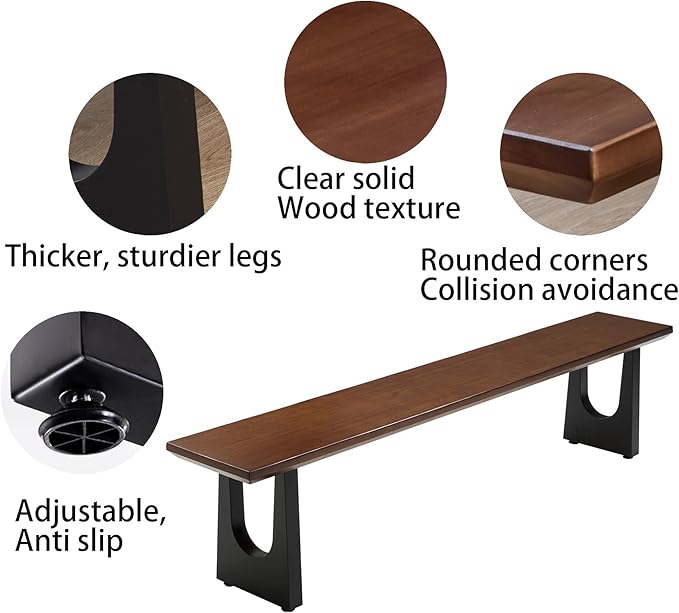 Walnut Color Long Bench Solid Wood Top Metal Legs U-Shaped Design Durable - Image 5