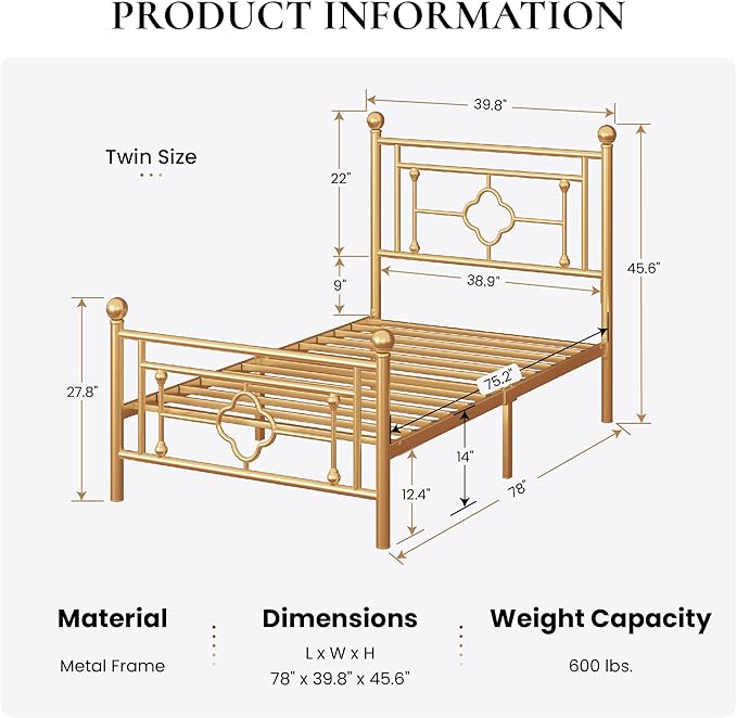SHA CERLIN 14 Inches Twin Size Metal Platform Bed Frame/Vintage Iron-Art - Image 2
