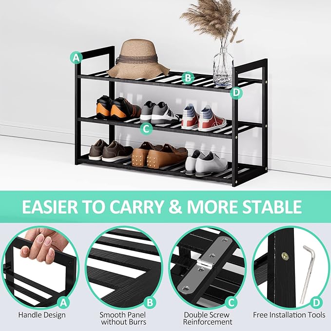 Bamboo Shoe Rack for Closet, Stackable 3 Tier Longer Shoe Organizer Shelf - Image 5