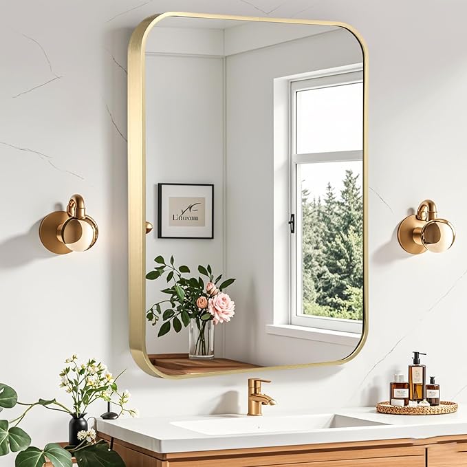 Gold Bathroom Mirror, 24x36 Inch Brushed Gold Mirror, Aluminum Alloy Framed by CLBA