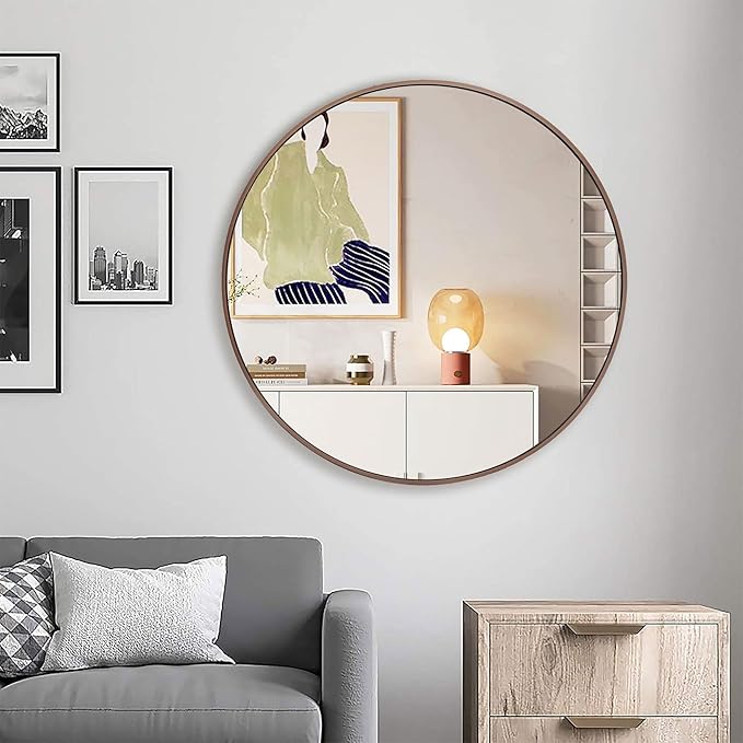30 inch Circle Wall Mirror, Brushed Bronze Metal Framed Round Mirror - Image 6