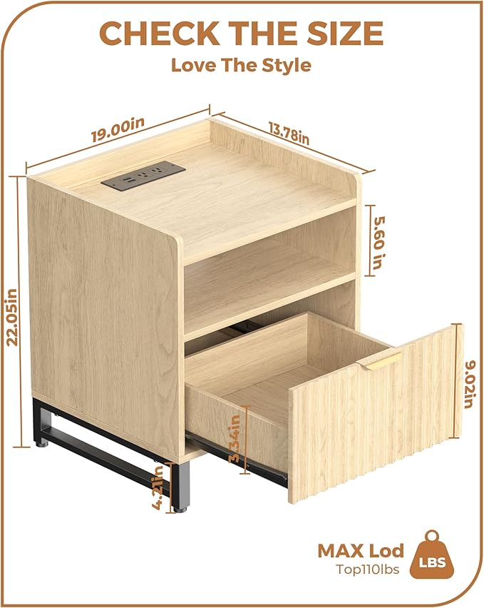 Fluted Night Stand with Charging Station, Wood Nightstand with Large Drawer and - Image 2