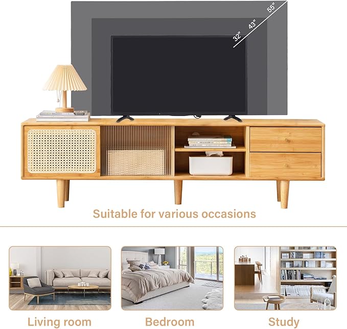 Tiita Rattan TV Stand for 55 60 Inch TV, Bamboo TV Cabinet - Image 7