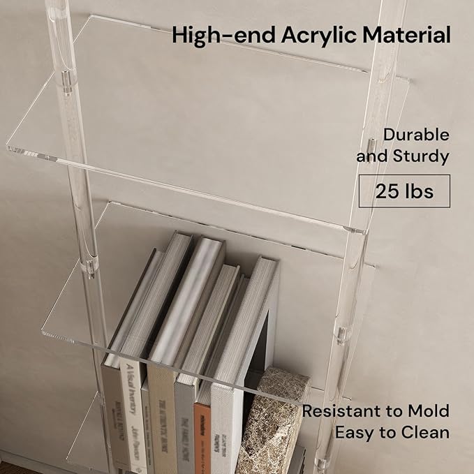 Small Acrylic Ladder Bookshelf, 9.5" D x 15.6" W, 5-Tier Clear Wall Mounted - Image 6