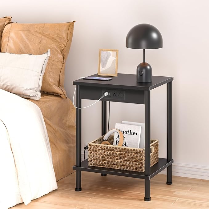 End Table with Charging Station, Small Side Table, 2-Tier Nightstand with - Image 4