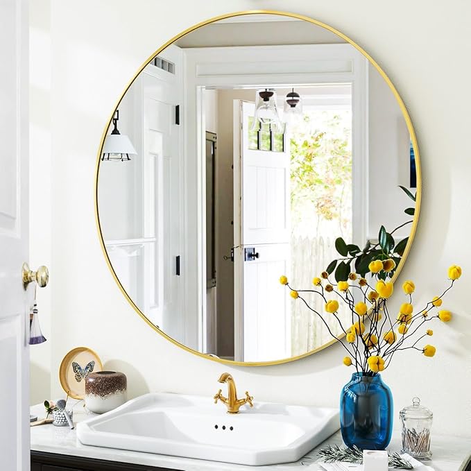Gold Round Bathroom Mirror, 30 inch Circle Wall Mounted Hanging Mirror - Image 7