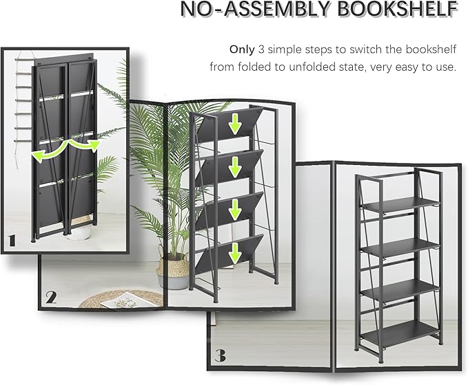 4NM No-Assembly Folding Bookshelf Storage Shelves 4 Tiers Vintage Bookcase - Image 6
