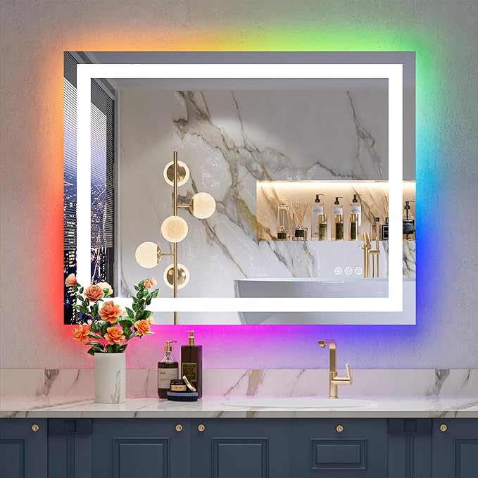 36x30 Inch RGB LED Bathroom Mirror Front Light and RGB Backlit Lighted Vanity by YEELAIT