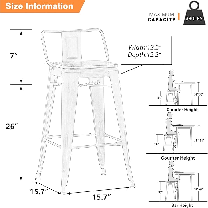Yongchuang 26 inch Bar Stools Set of 4 Kitchen Counter Height Chairs - Image 3