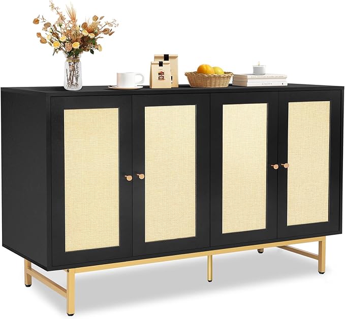 Sideboard Buffets Cabinet with 4 Rattan Doors, Large Storage Accent Cabinet by QuicMiou