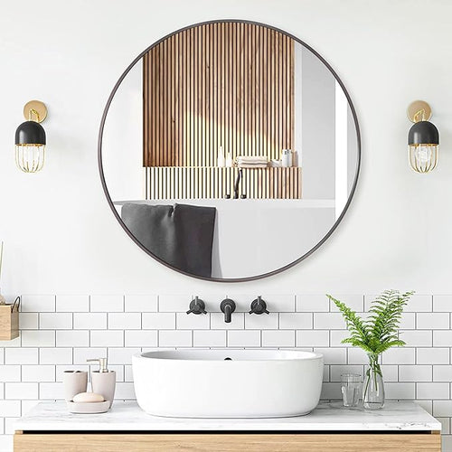 24 inch Round Titanium Mirror Wall Decor, Brushed Dark Grey Metal Framed Circle - Image 2