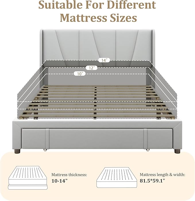 Queen Bed Frame with Storage Drawers, Upholstered Platform Bed with Headboard - Image 6