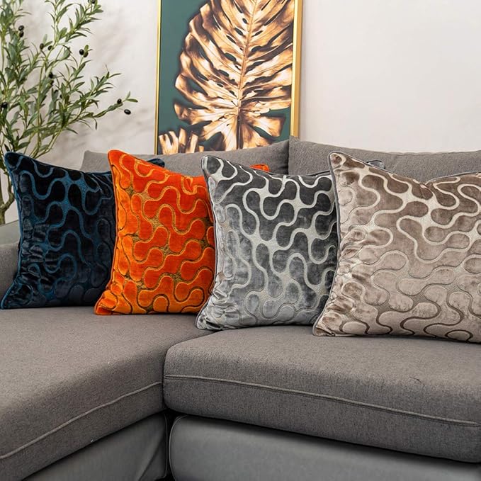 Yangest Orange Square Throw Pillow Cover Wavy Velvet Cushion Cover Modern - Image 6