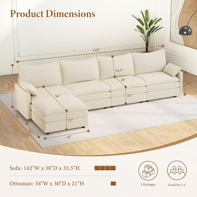 Vesgantti 142" Cloud Couch Sectional Modular Sofa, Comfy Sectional Couch - Image 2
