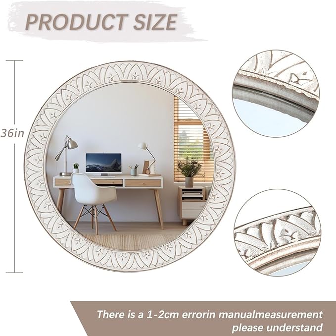 Mirror Round Wood 36 Inch Farmhouse Wood Frame Round Mirror Rustic Large - Image 6