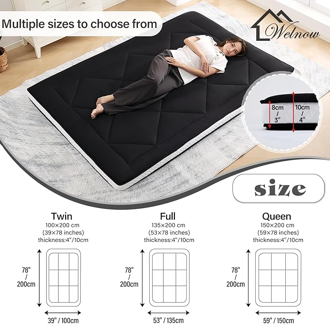 Welnow Japanese Futon Floor Mattress, Thick Twin Size Tatami Mat Portable & - Image 2