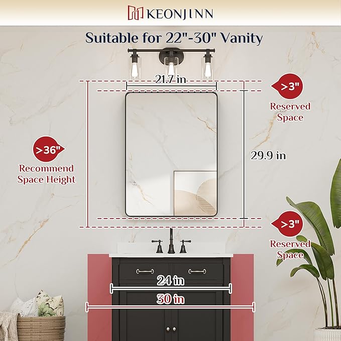 Keonjinn Black Bathroom Mirror, 22 x 30 Inch Rounded Rectangle Matte Black - Image 6