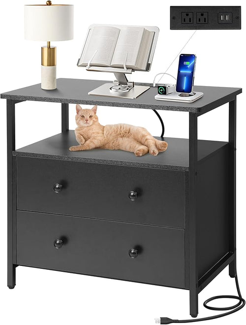 27 inch Wide Nightstand with Charging Station, Bedside Table with Open Shelf by Edbuosy