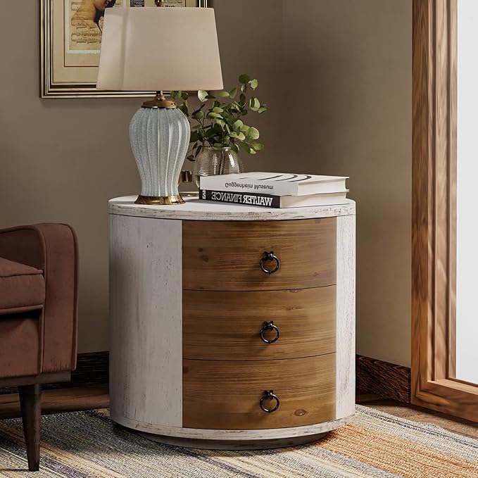 COSIEST Bedside Table Set of 2, Wood Nightstand 3 Drawers, Farmhouse Round End - Image 7