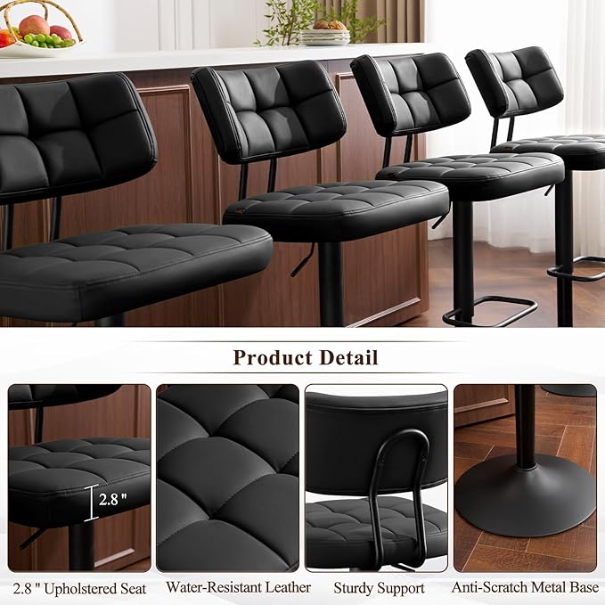 Furniliving Modern Bar Stools Set of 2 Faux Leather, Upholstered Swivel - Image 4