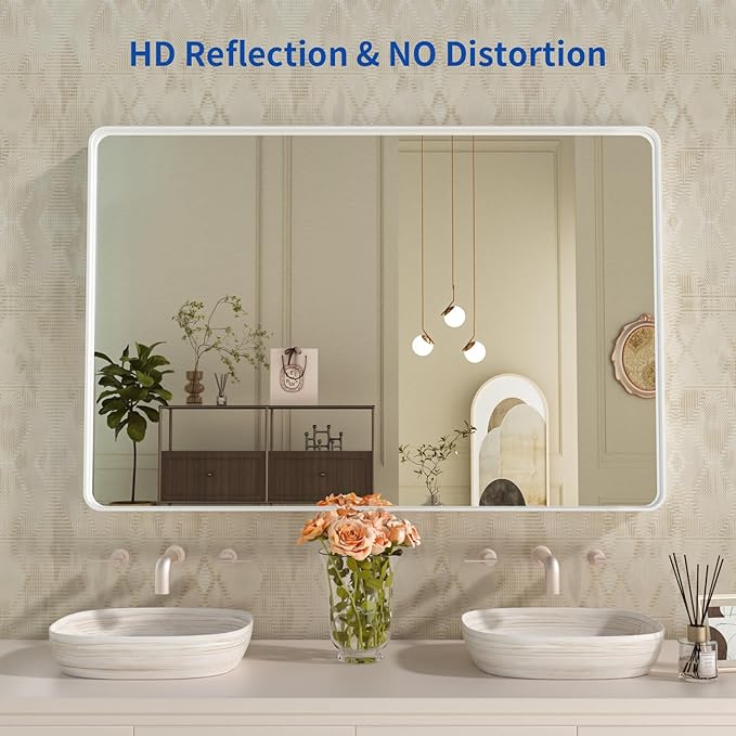 WEER White Bathroom Mirror 48X36 Inch, Rounded Rectangle White Metal Frame - Image 2