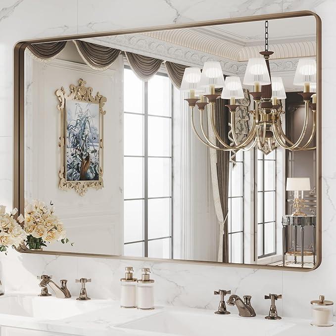 WEER Bronze Framed Modern Wall-Mounted Bathroom Mirror, Brushed Bronze Aluminum by WEER
