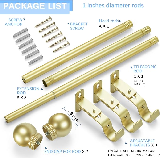 Curtain Rods for Windows 16 to 150 Inches, Curtain Rod Max Adjustable Length of - Image 3