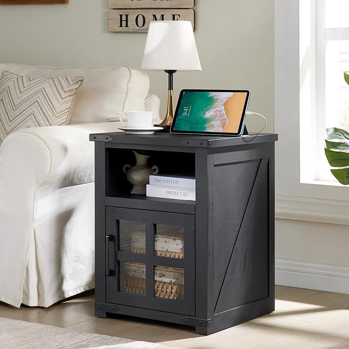 Farmhouse Nightstand with Charging Station, Rustic End Table with Tempered - Image 2