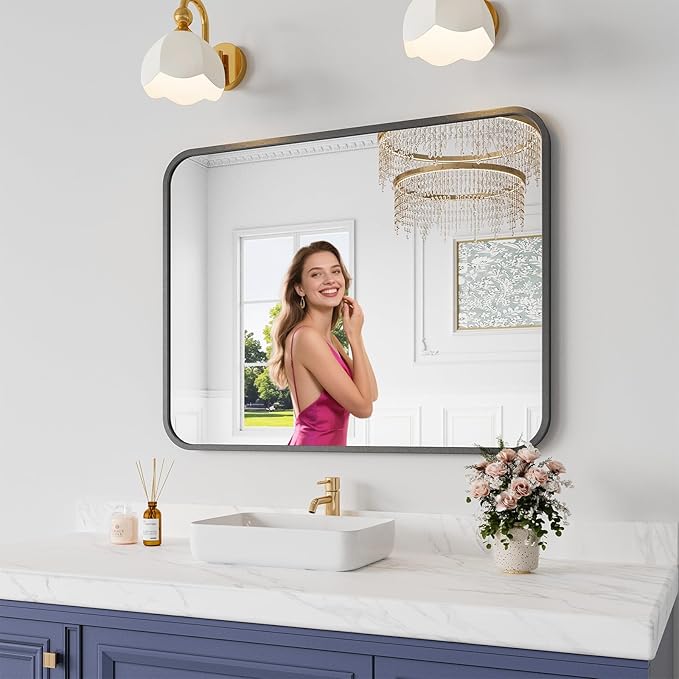 Bathroom Mirror, 28X32 Inch Black Metal Framed Mirror by KOONMI