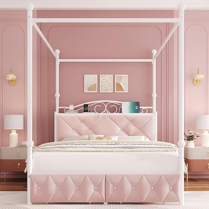 Queen Upholstered Canopy Bed Frame - Image 3