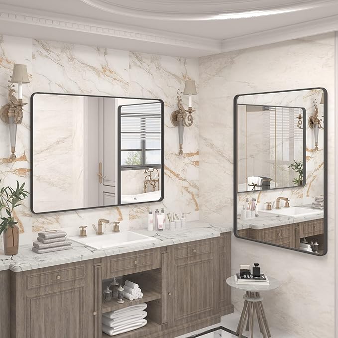 48x36 Matte Black Bathroom Mirror, Modern Rectangle Metal Framed Mirrors - Image 5
